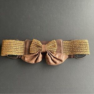 Vintage Brown Faux Leather & Straw Bow Stretch Belt